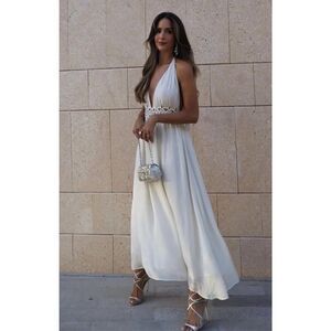 Zara White Gold Halter Maxi Dress Lurex Viscose Lace Waist Size S Limited